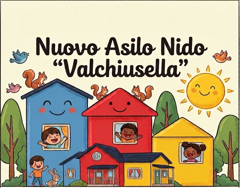 edificio colorato, tra alberi e piccoli animaletti con bambini affacciati alle finestre